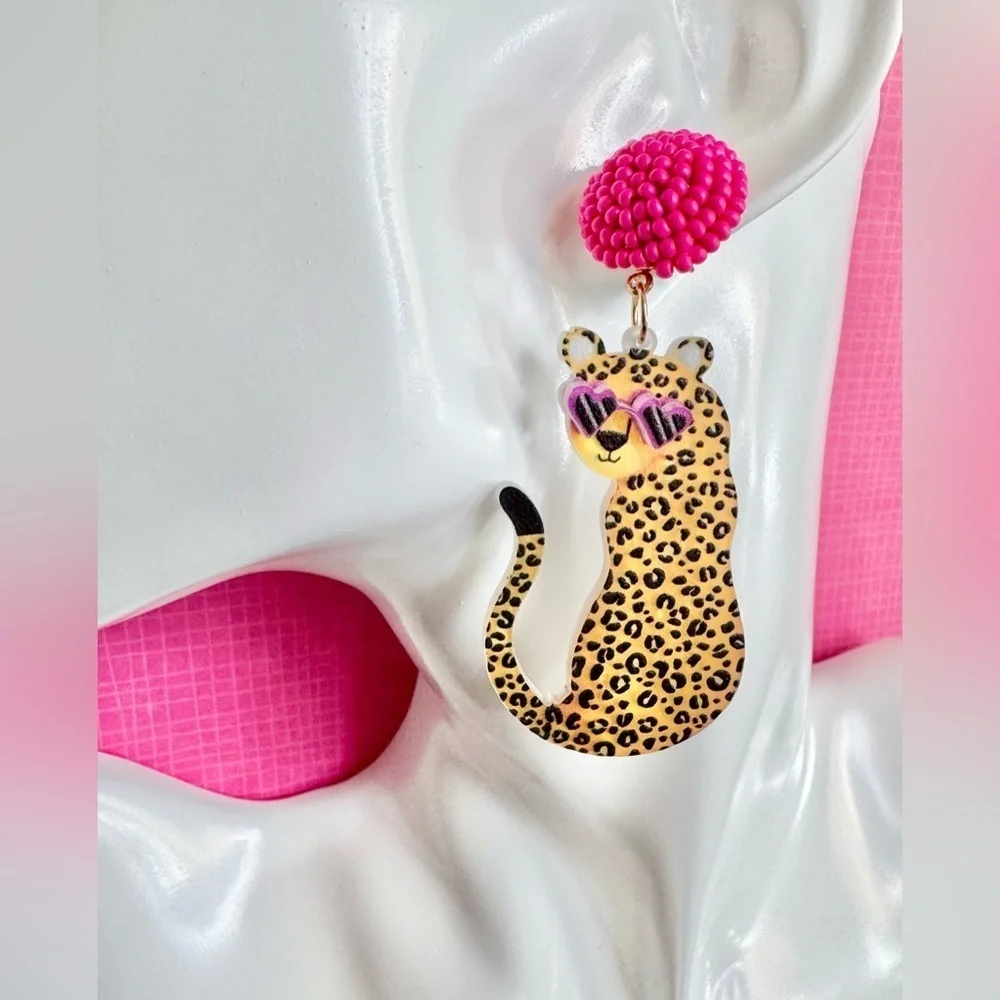 New Eclectic Acrylic Leopard w/ Heart Sunglasses & Pink Beads Earrings - 3”